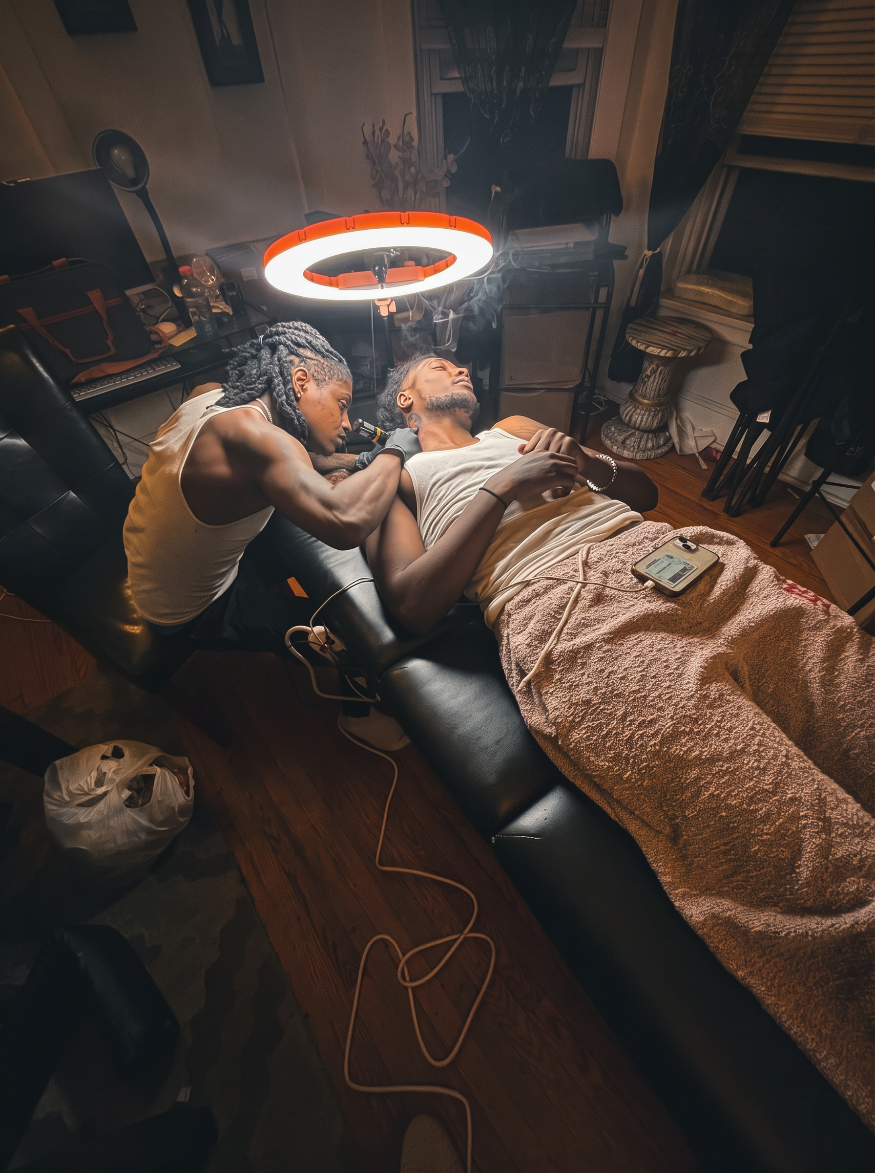 2ThreeInk tattooing a client's neck in the studio under a ring light